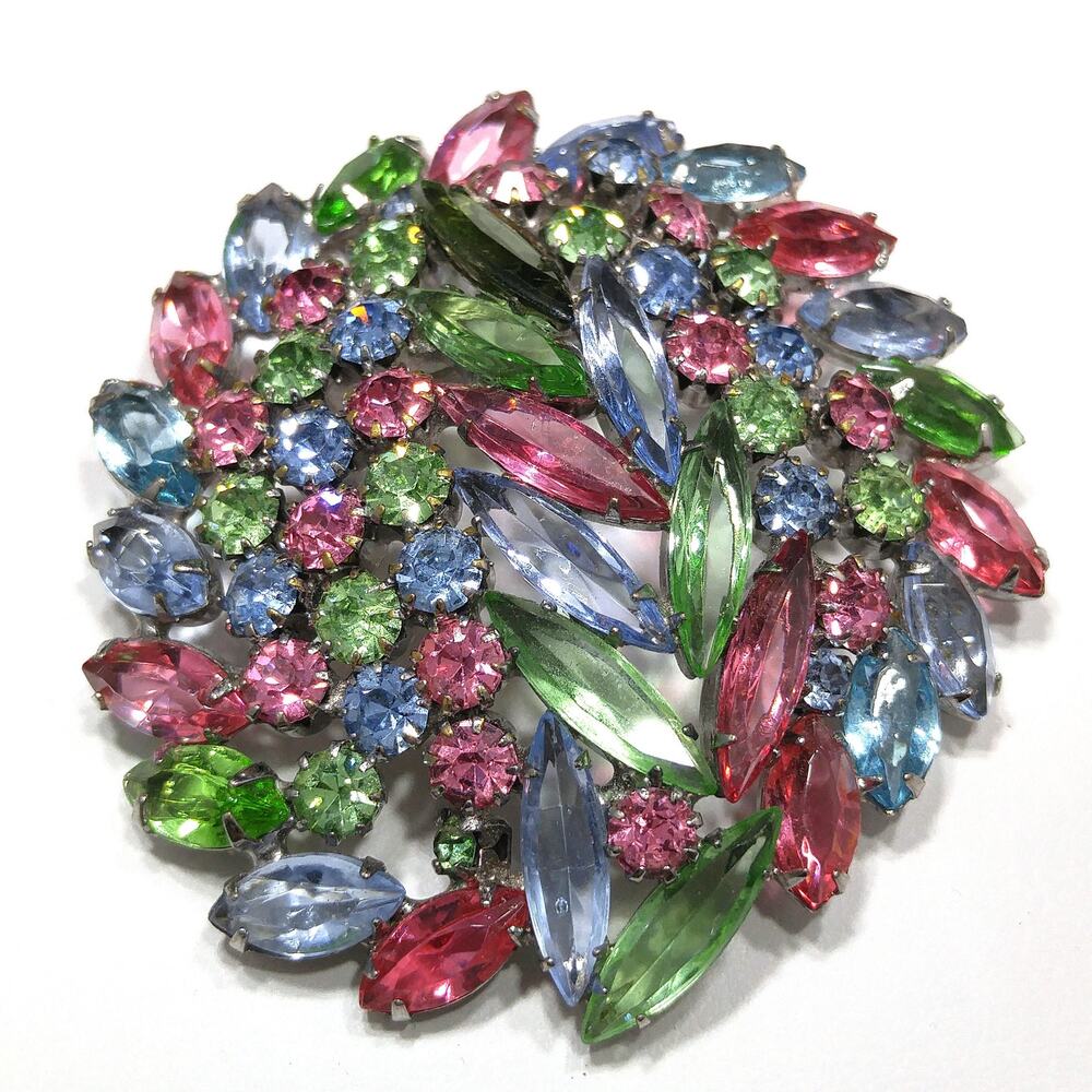 Pastel Rhinestone Floral Brooch, Rhodium Plated, Open Back Stones, 1960s Vintage